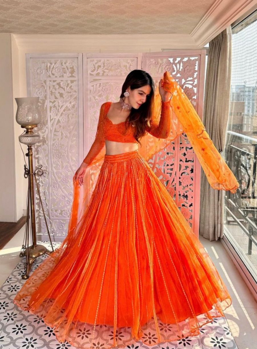 Orange candy sequin embellished Tulle lehenga