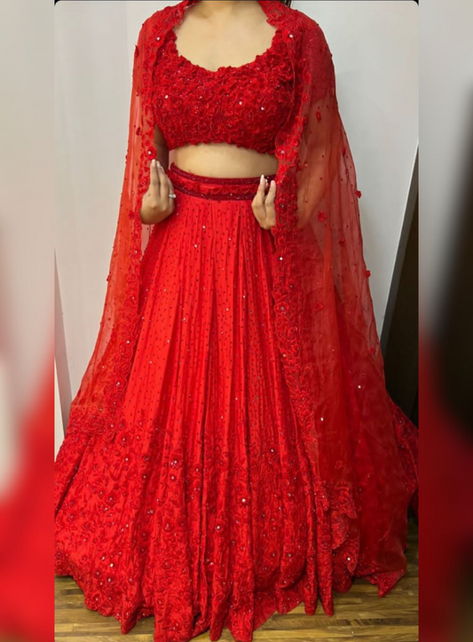 Tropical Red 3D Flower Embellished Blouse And Lehenga