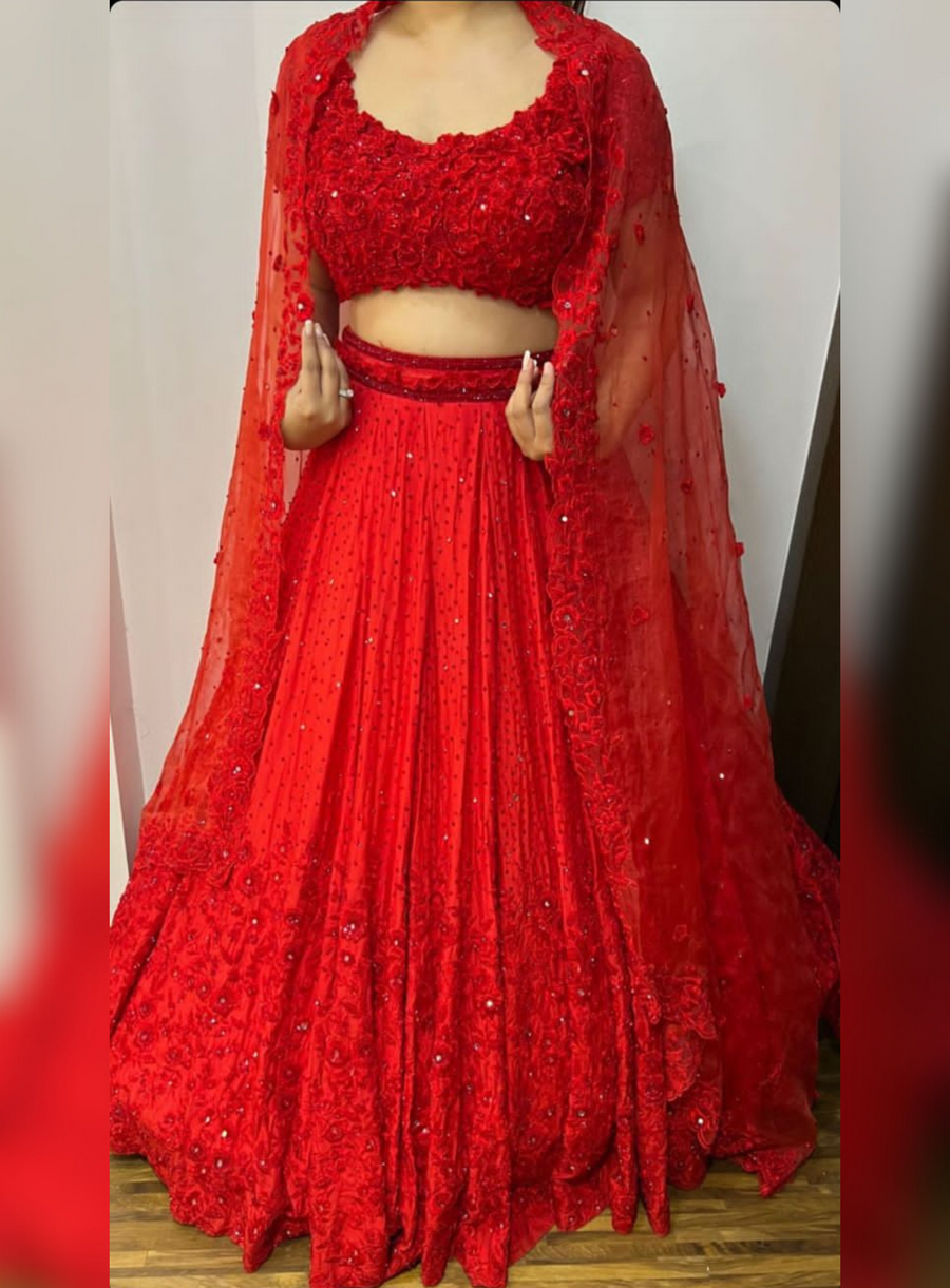 Tropical red 3D flower embellished blouse and lehenga