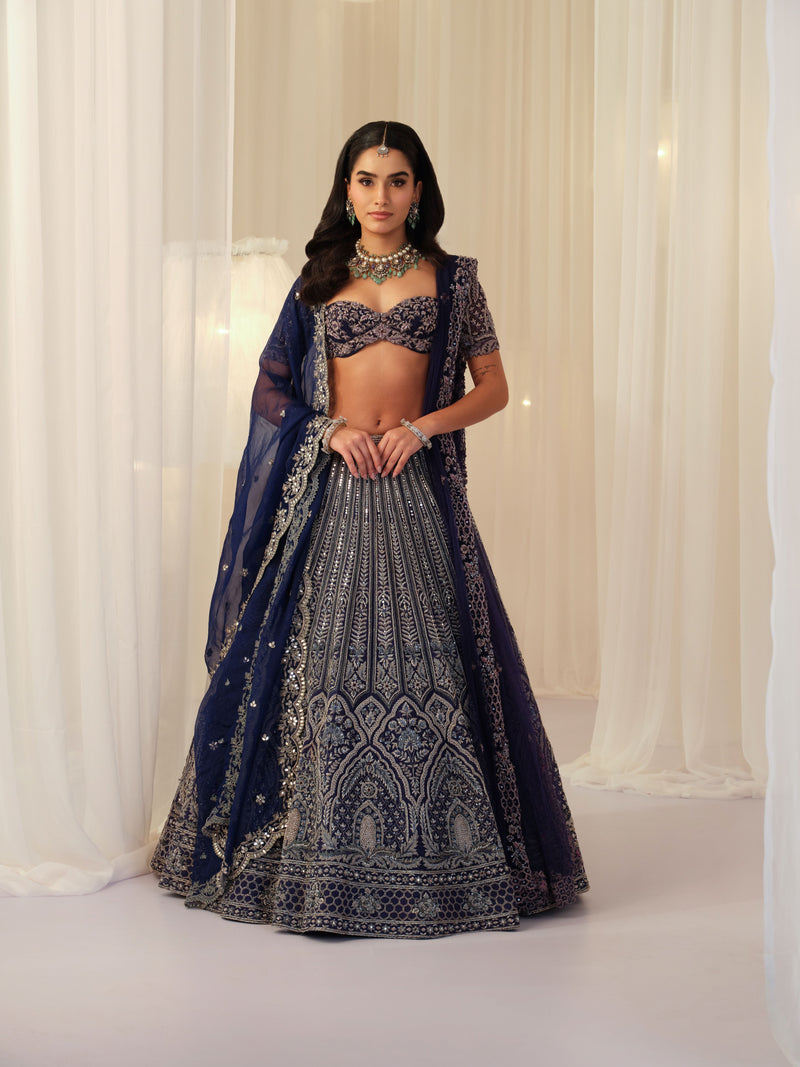 Indigo hand Embellished Blouse With Raw Silk Lehenga & Dupatta