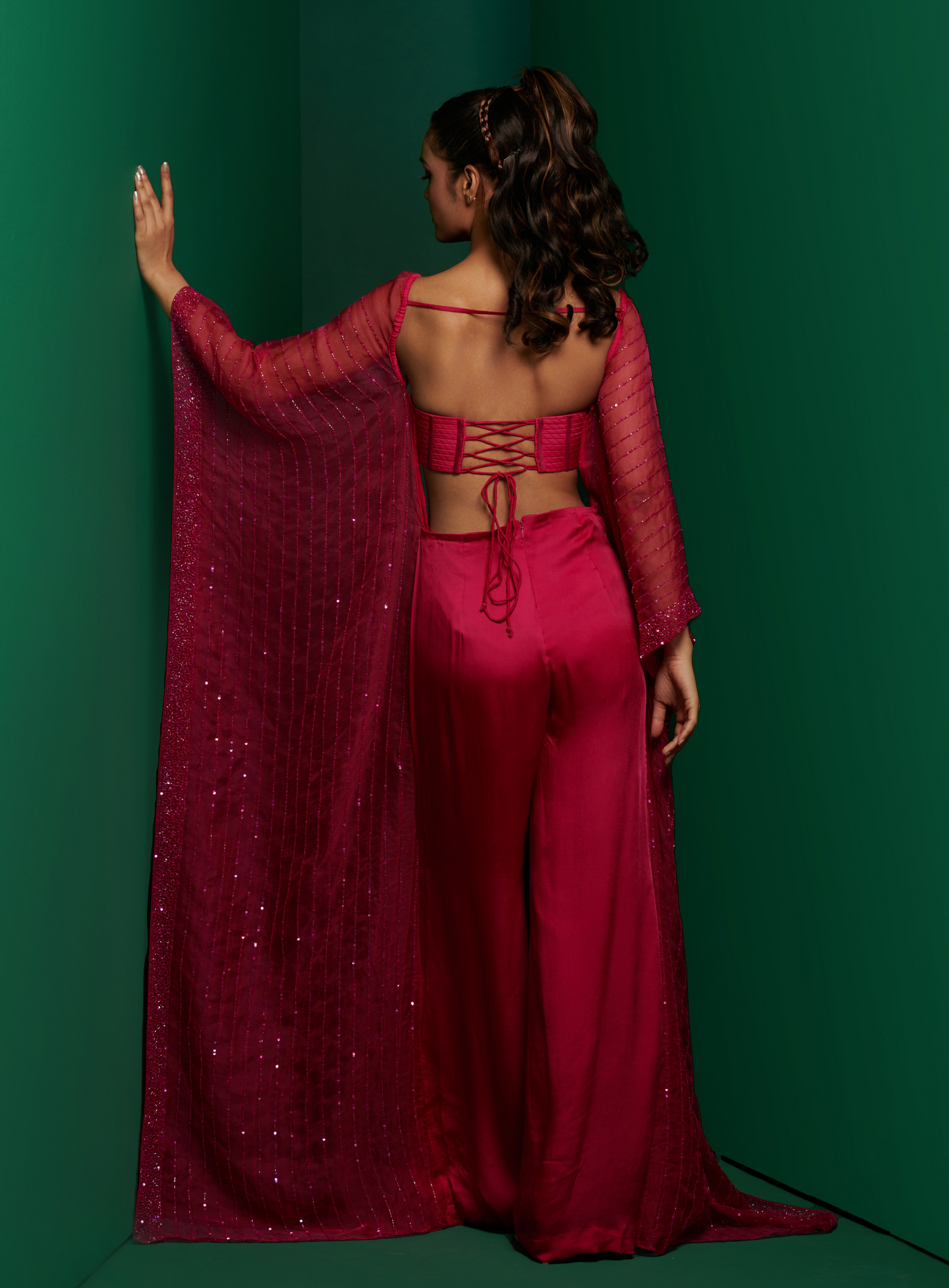 Hot Pink Embellished Kaftan Corset Jumpsuit