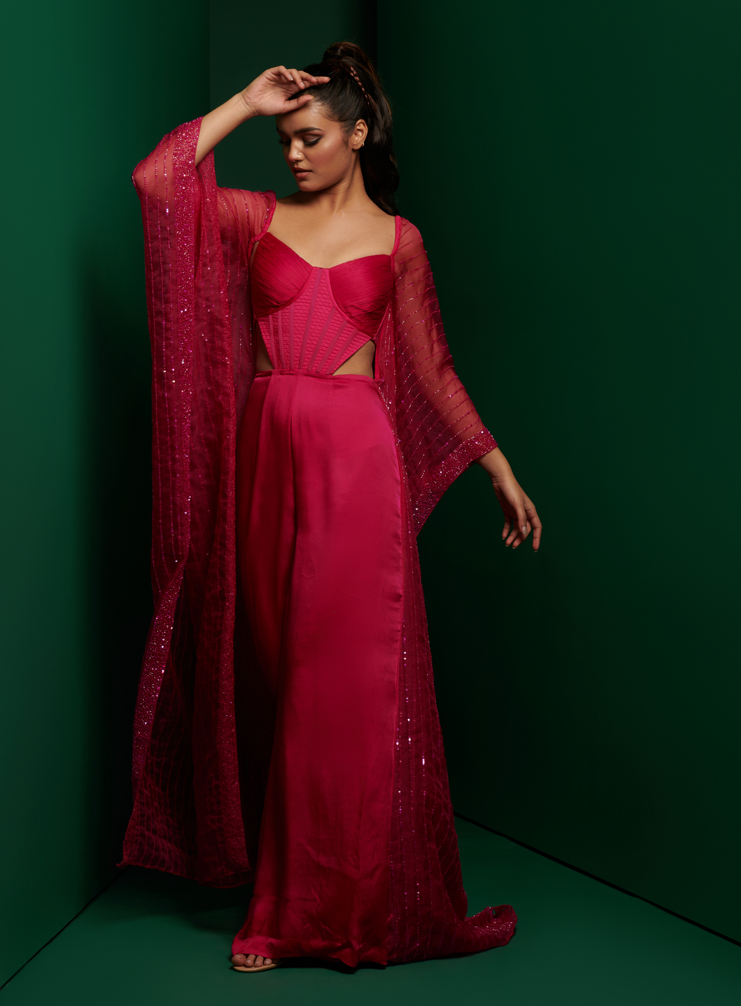 Hot Pink Embellished Kaftan Corset Jumpsuit