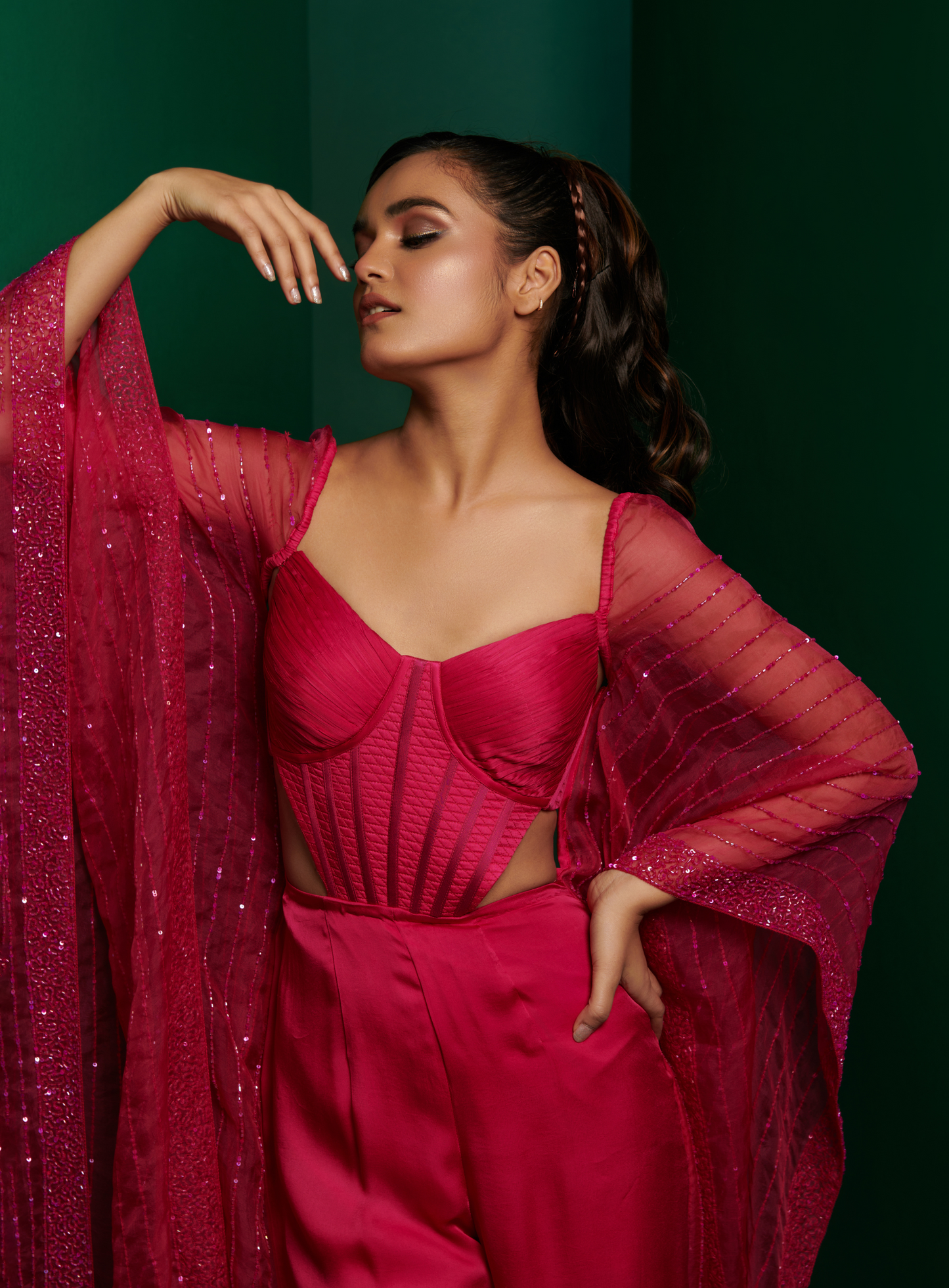 Hot Pink Embellished Kaftan Corset Jumpsuit