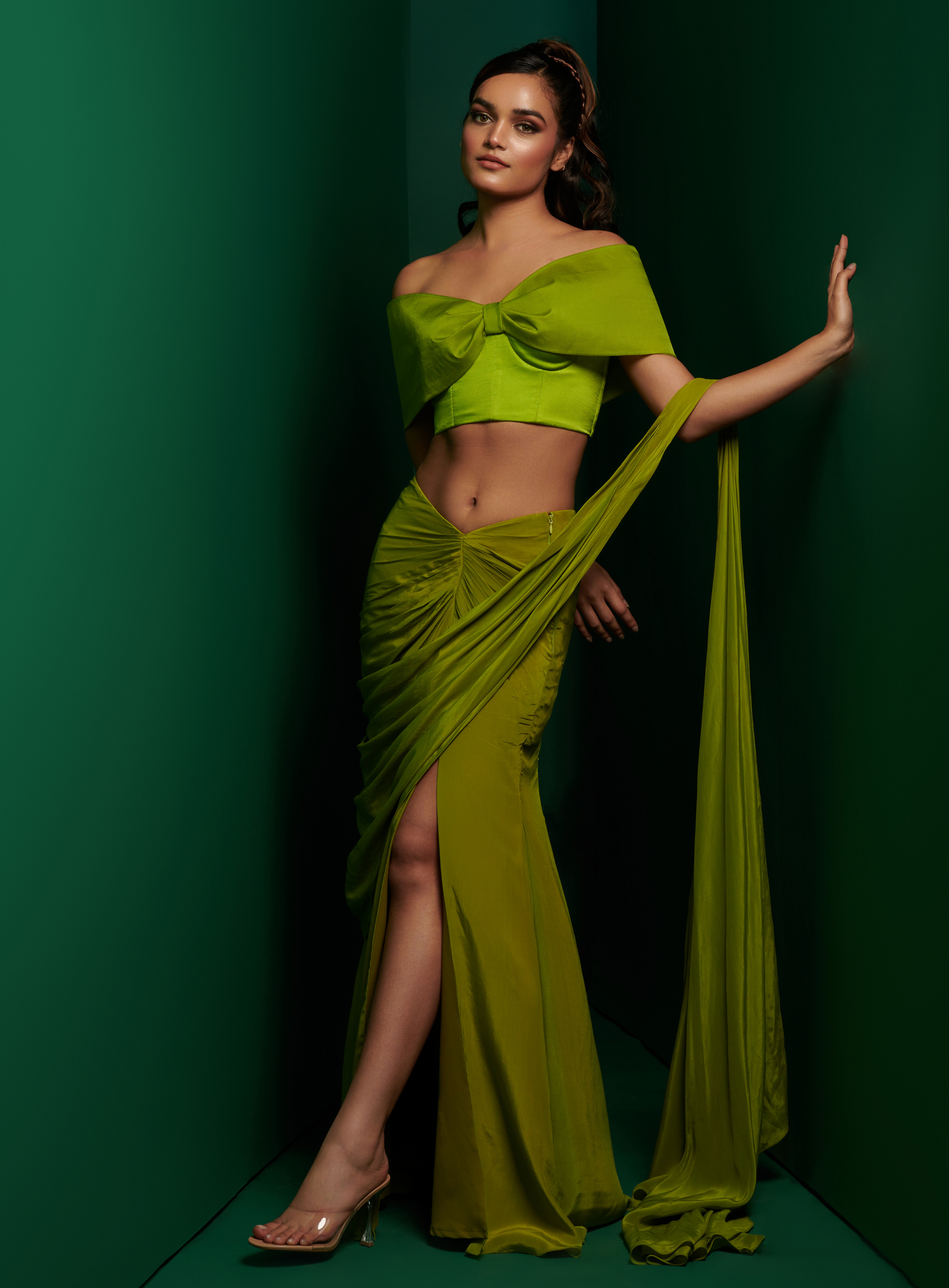 Lime Green Bow Style Blouse With Slit Skirt Drape Saree