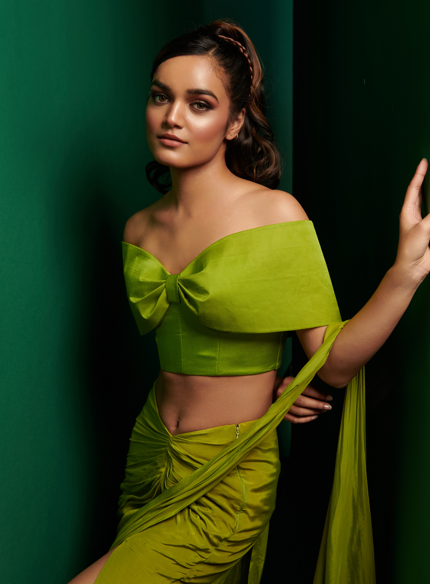 Lime Green Bow Style Blouse With Slit Skirt Drape Saree