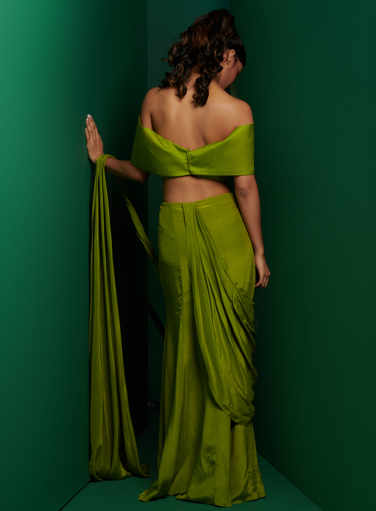 Lime Green Bow Style Blouse With Slit Skirt Drape Saree