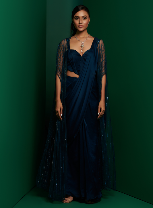 Navy Blue Sweet Heart Blouse With Gathered Slit Drape Skirt and Embellished Cape