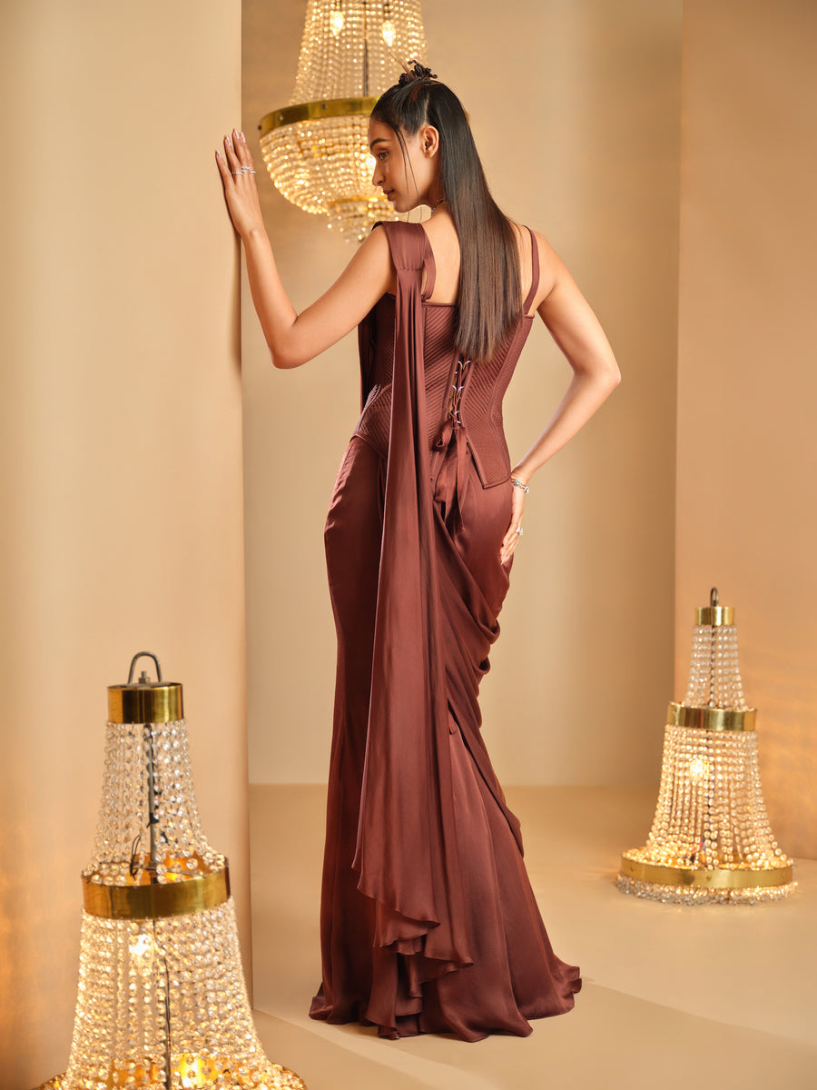 Back view of the brown lace-up quilted corset with drape saree