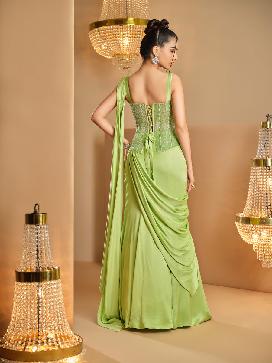 Back view of the lime green lace-up long corset with drape saree