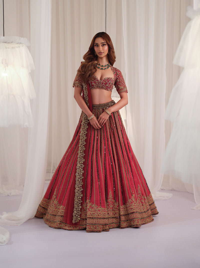 Maroon Marodi Raw Silk Lehenga With Blouse & Dupatta