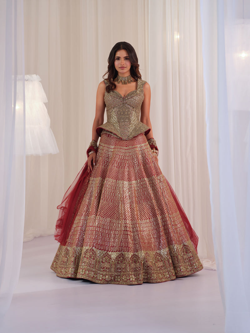 Maroon Raw Silk Lehenga With Peplum Sculpt Corset & Dupatta