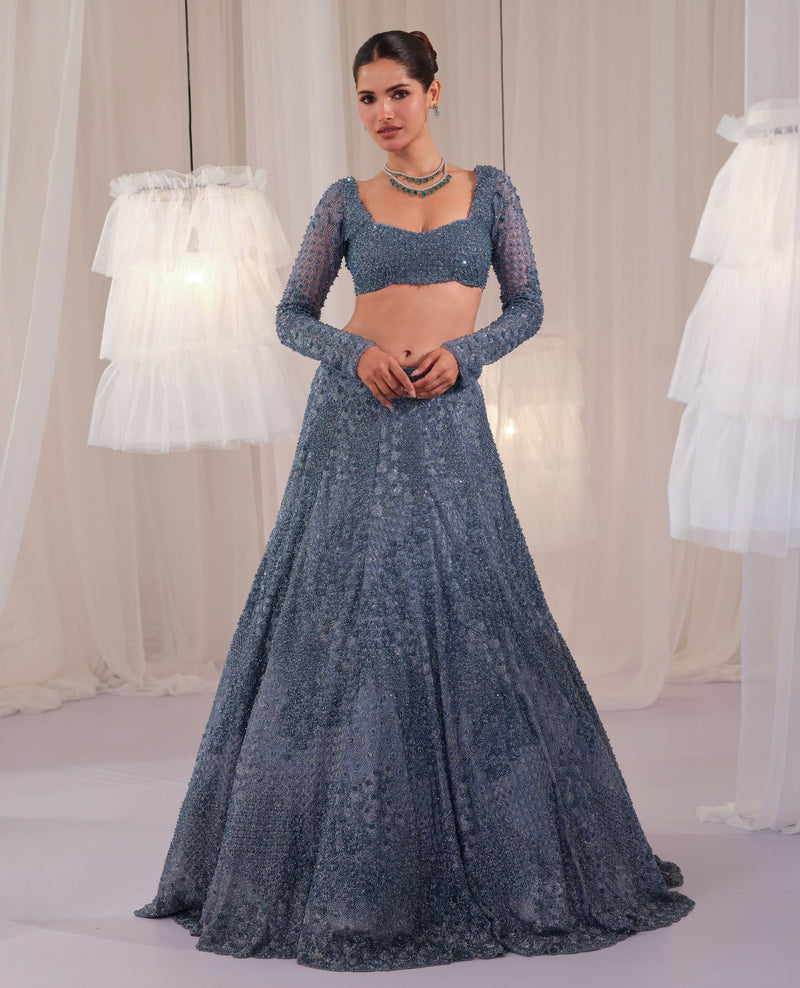 Metallic Blue Hand Embellished Blouse With Lehenga & Dupatta