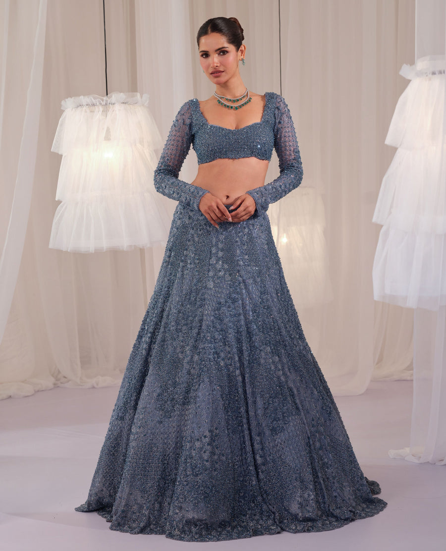 Metallic blue hand-embellished blouse with lehenga in crystal and cutdana embroidery
