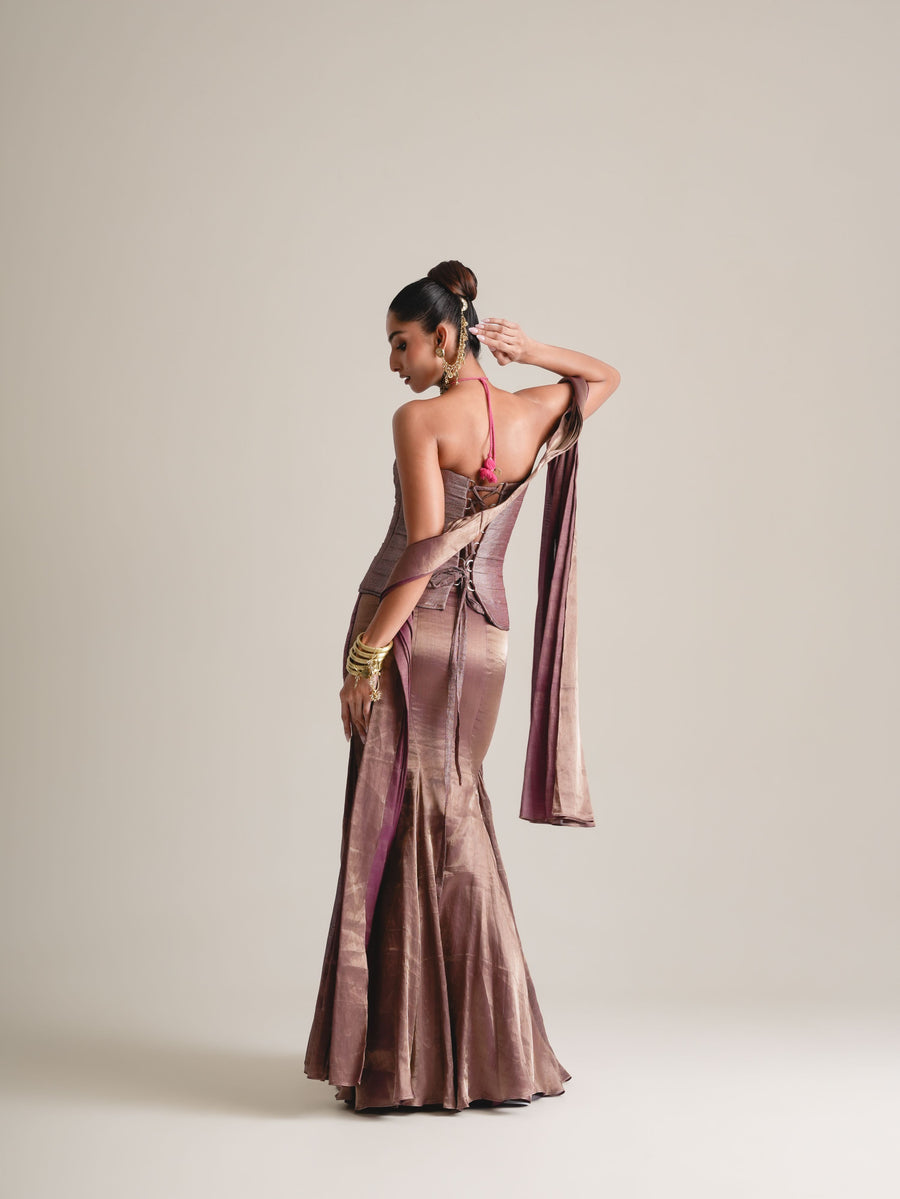 Metallic Copper Brocade Corset With Skirt & Stole