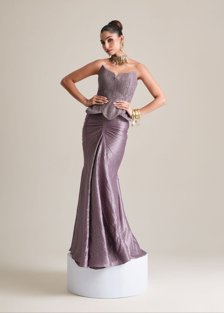 Metallic Lavender Brocade Corset With Drape Skirt