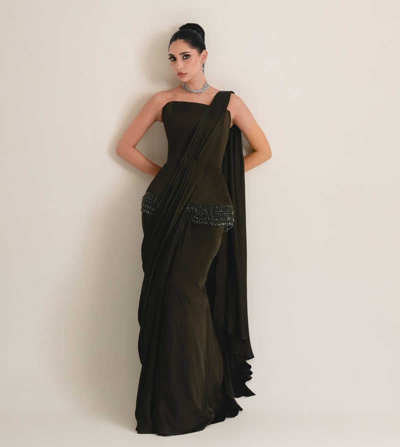 Olive Green Corset With Beaded Fringe & Drape Skirt