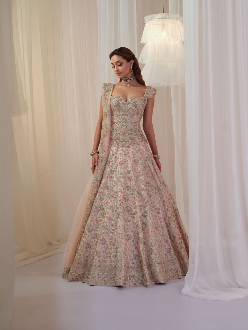 Peach Muted Gold Corset With Lehenga & Dupatta