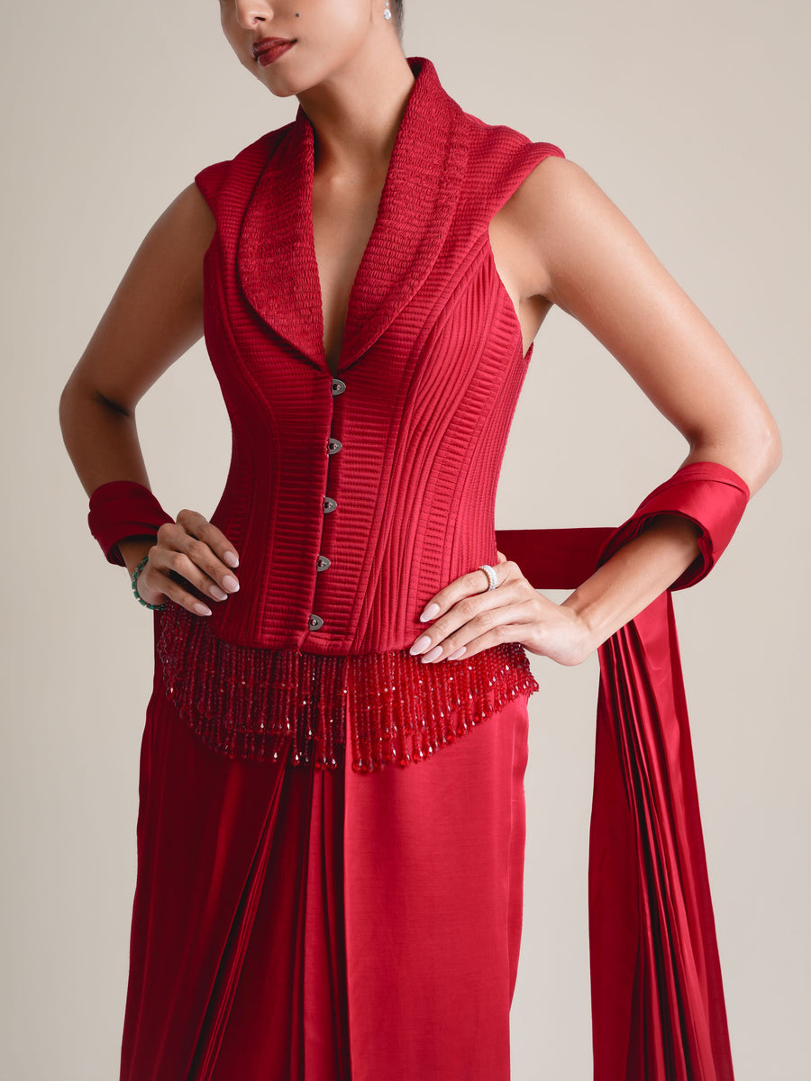 Red Shawl Collar Corset With Beaded Fringe, Drape Skirt & Stole
