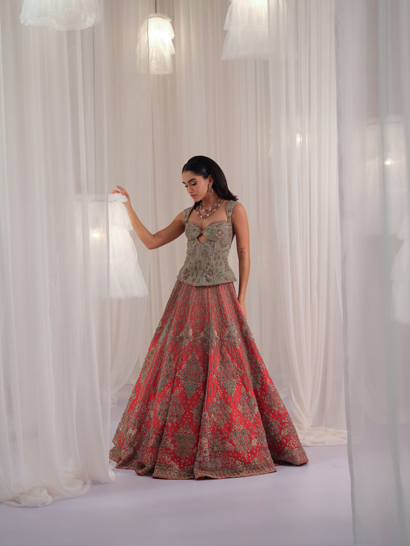 Red Hand Embellished Corset with Raw Silk Lehenga & Dupatta