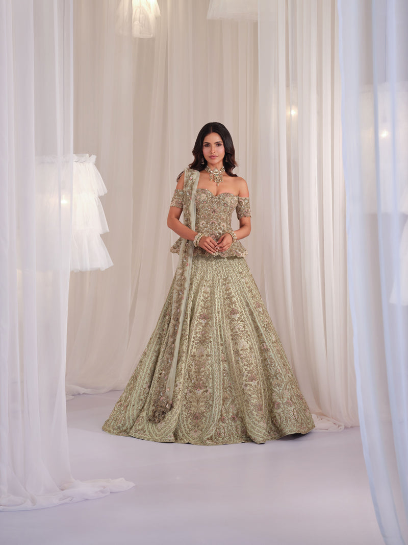 Sage Green Hand Embellished Peplum Corset with Lehenga & Dupatta