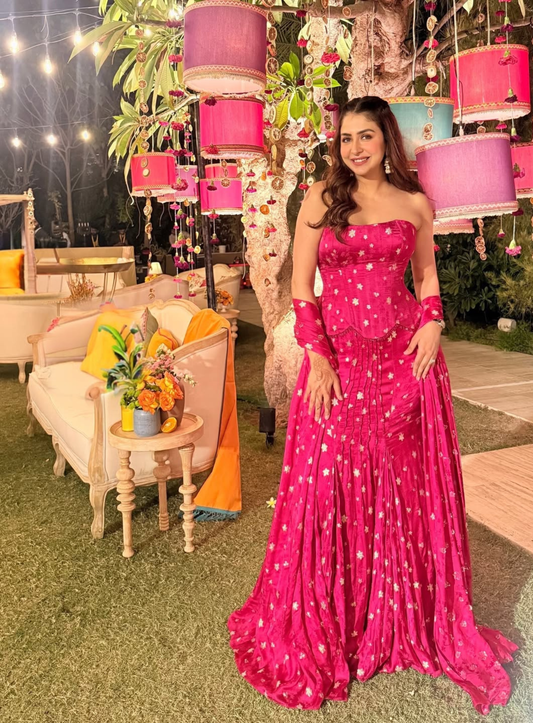 Hot Pink jacquard cut out corset with drape skirt and stole