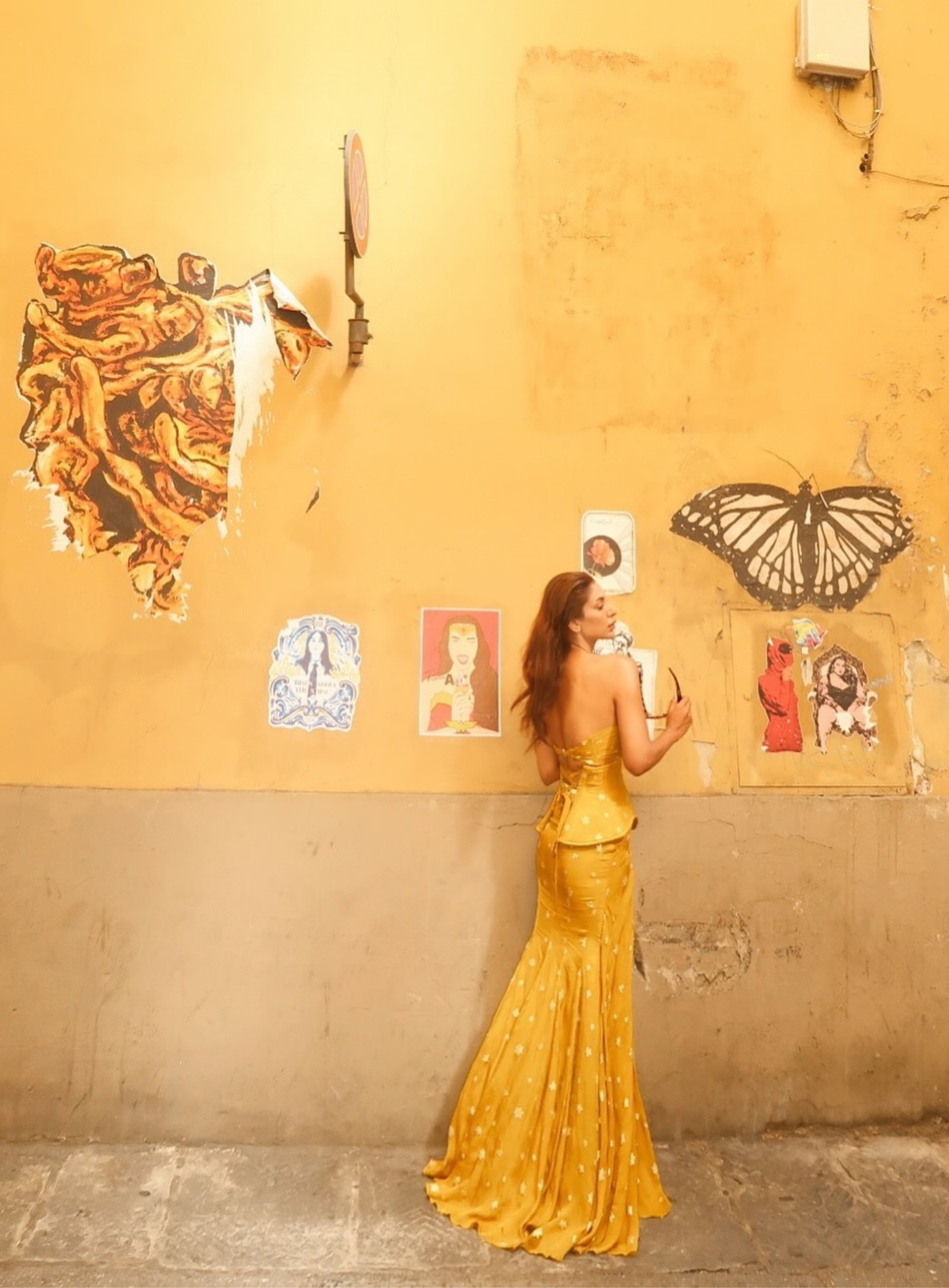 Mustard Yellow jacquard cut out corset with drape skirt and stole
