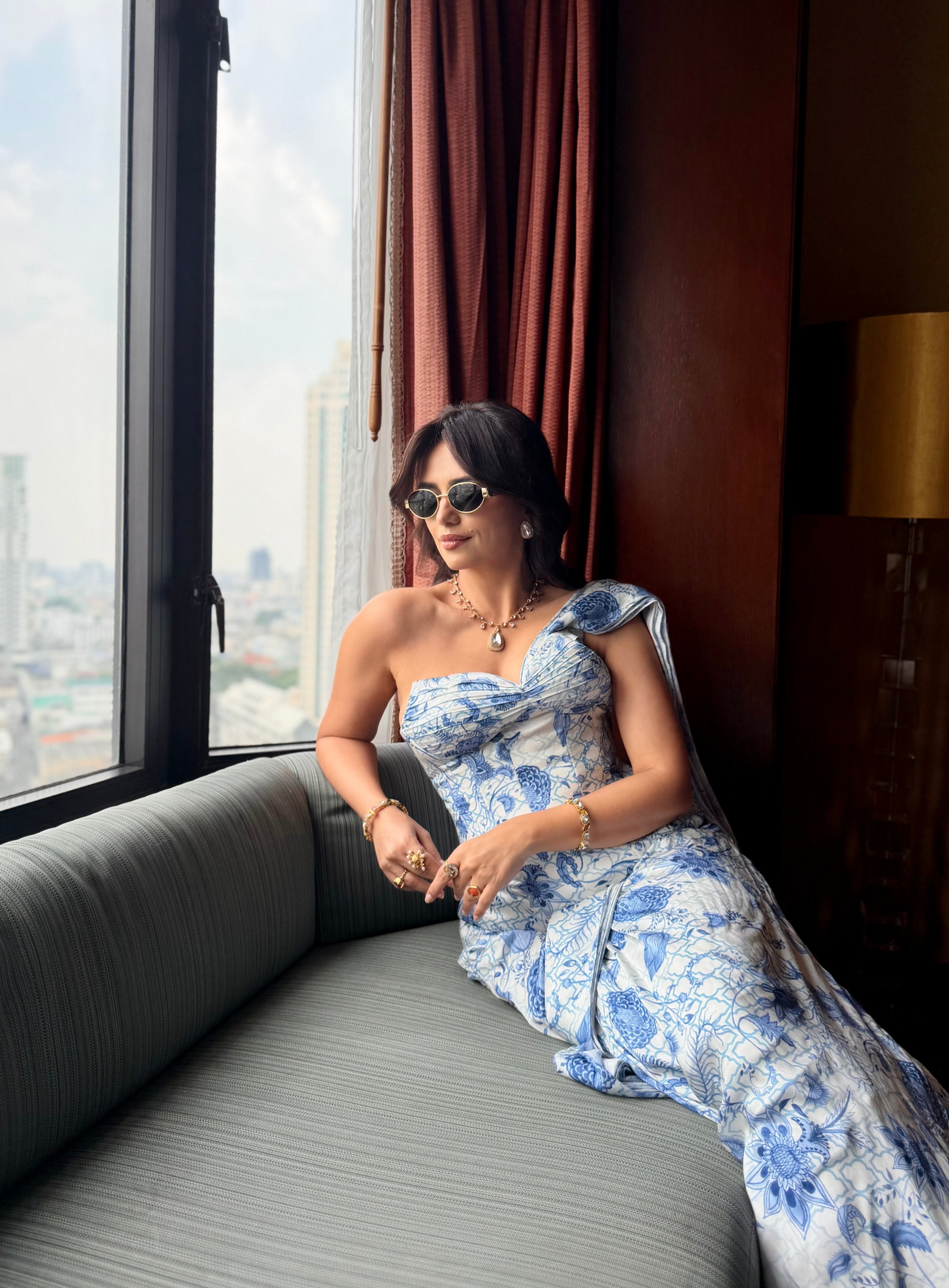 Chintz Blue & White Printed Corset with Drape