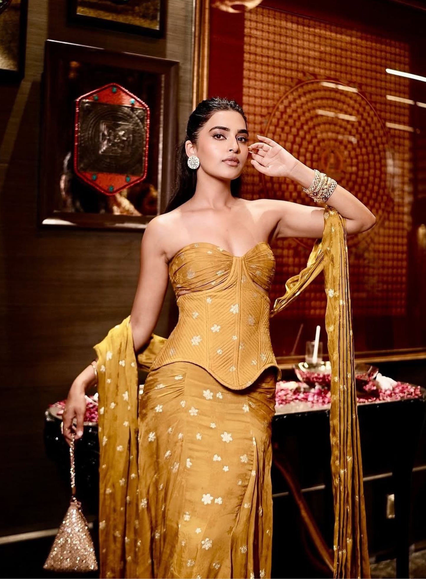 Mustard Yellow jacquard cut out corset with drape skirt and stole