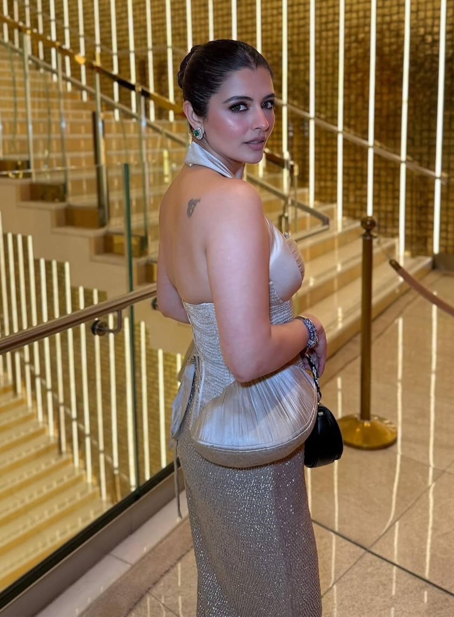Silver structured corset with straight hand-embellished skirt