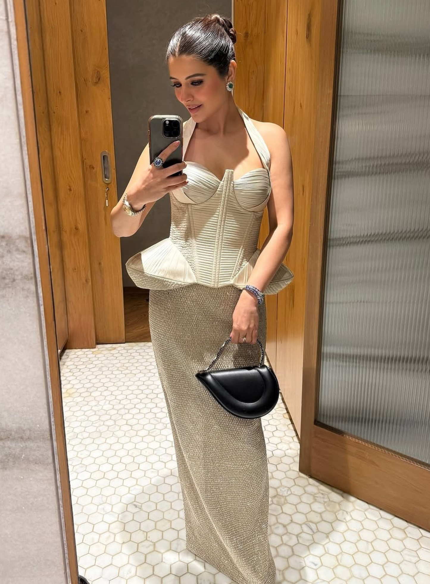 Silver structured corset with straight hand-embellished skirt