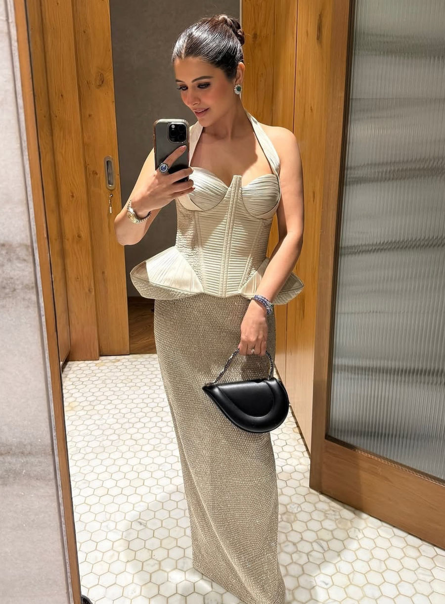 Silver structured halter corset with peplum and hand-embellished skirt, mirror selfie