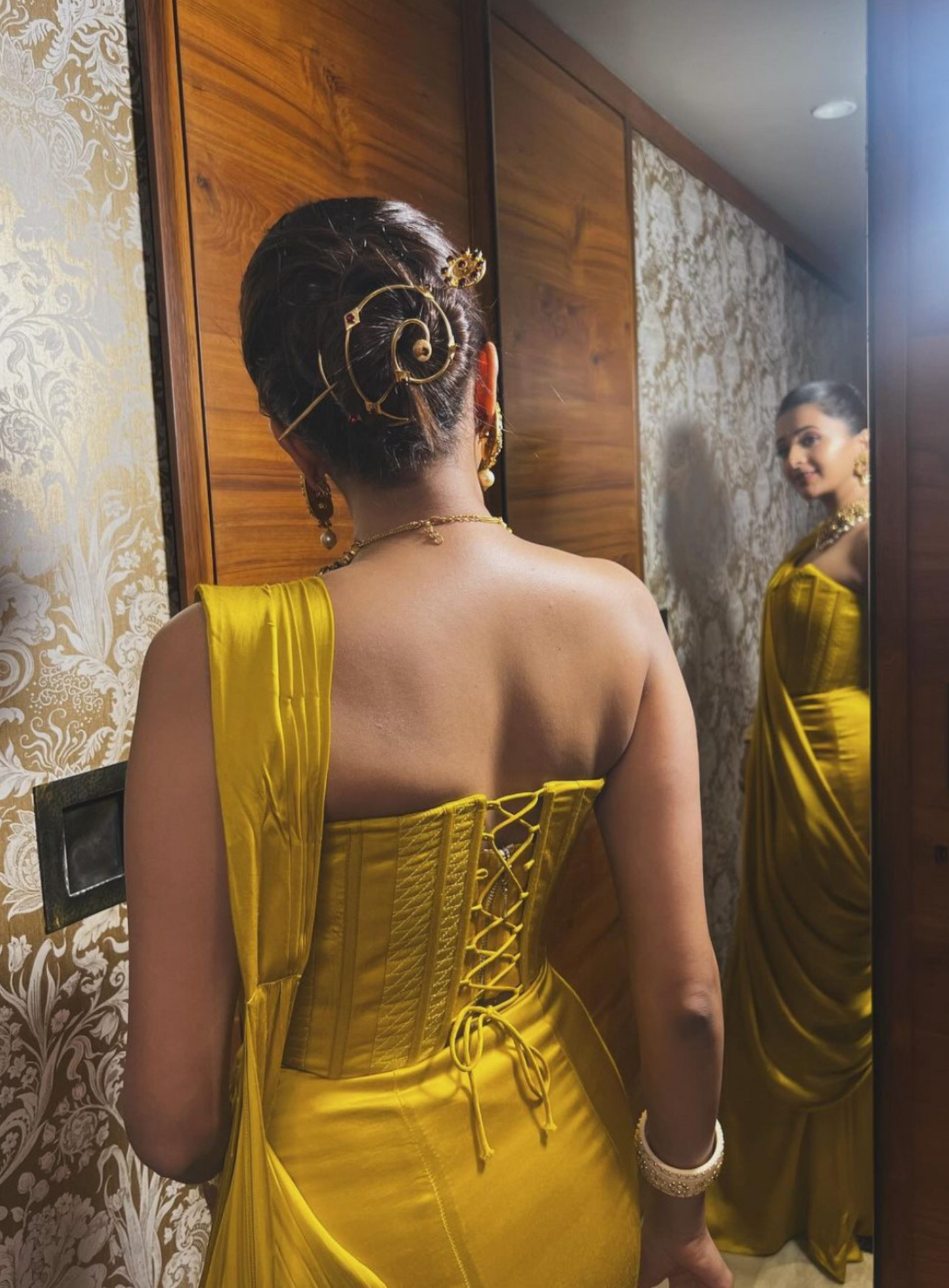 Kripa Mehta in our Mustard Double Corset Drape Saree