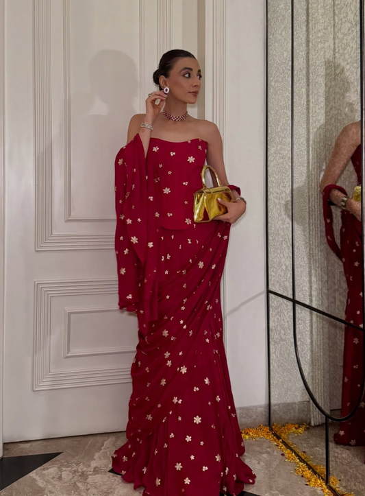Red Corset With Drape Saree