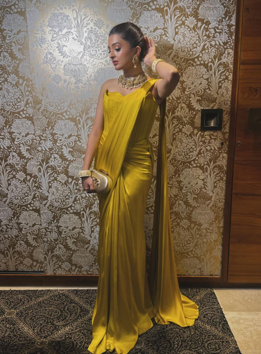 Kripa Mehta in our Mustard Double Corset Drape Saree