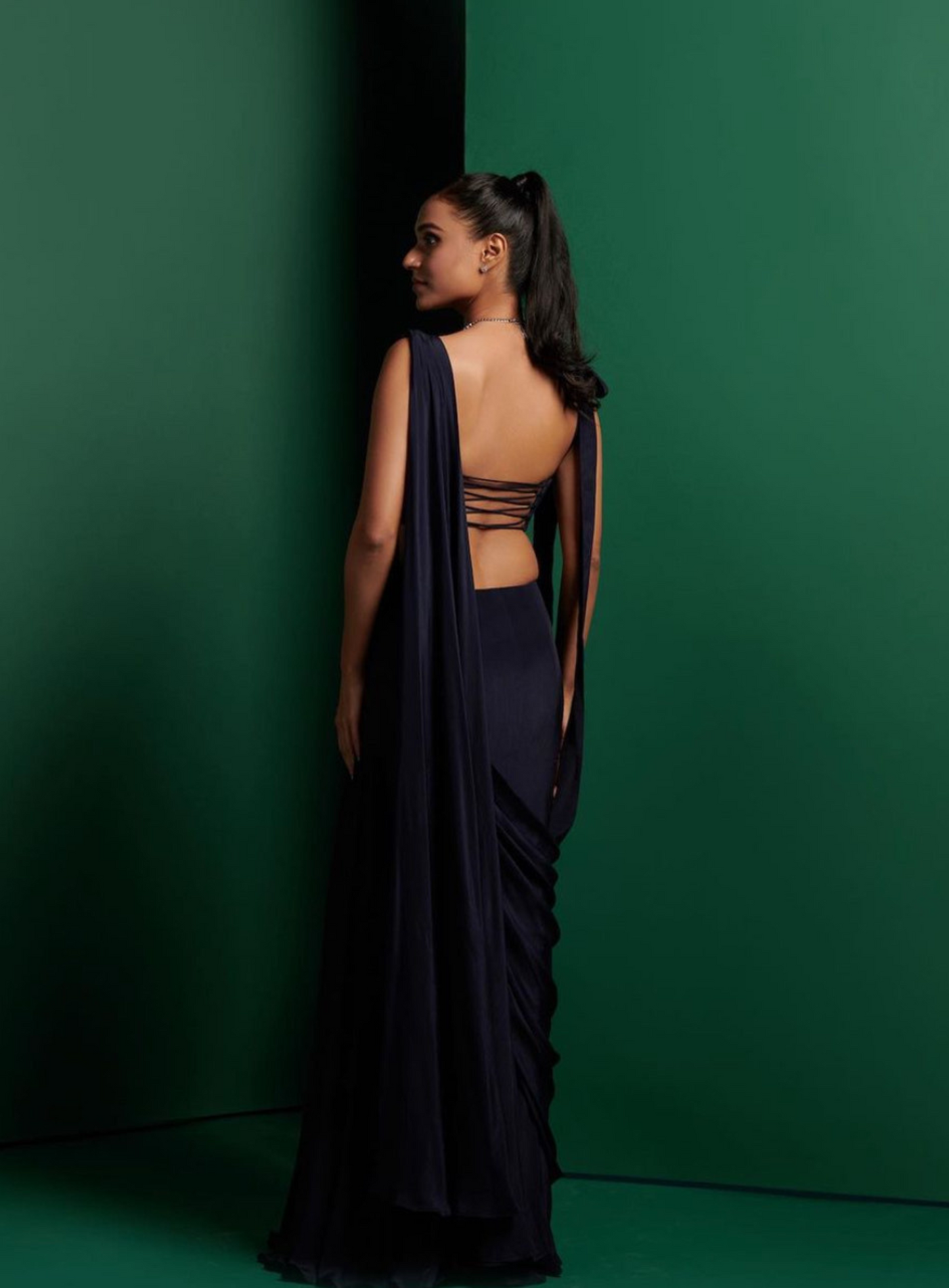 Midnight Blue Cut Out Corset With Gathered Skirt And Drape