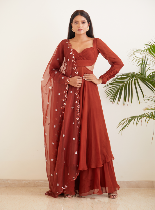 Brown Anarkali With Hand Embroidered Dupatta