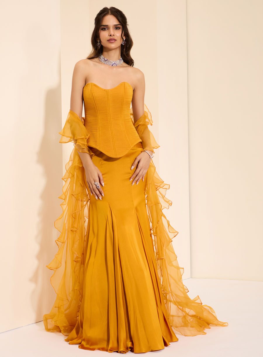 Mustard quilted corset with draped skirt and crystal-embellished organza cape