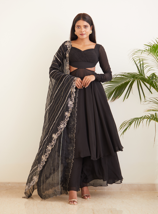 Black Anarkali With Hand Embroidered Dupatta