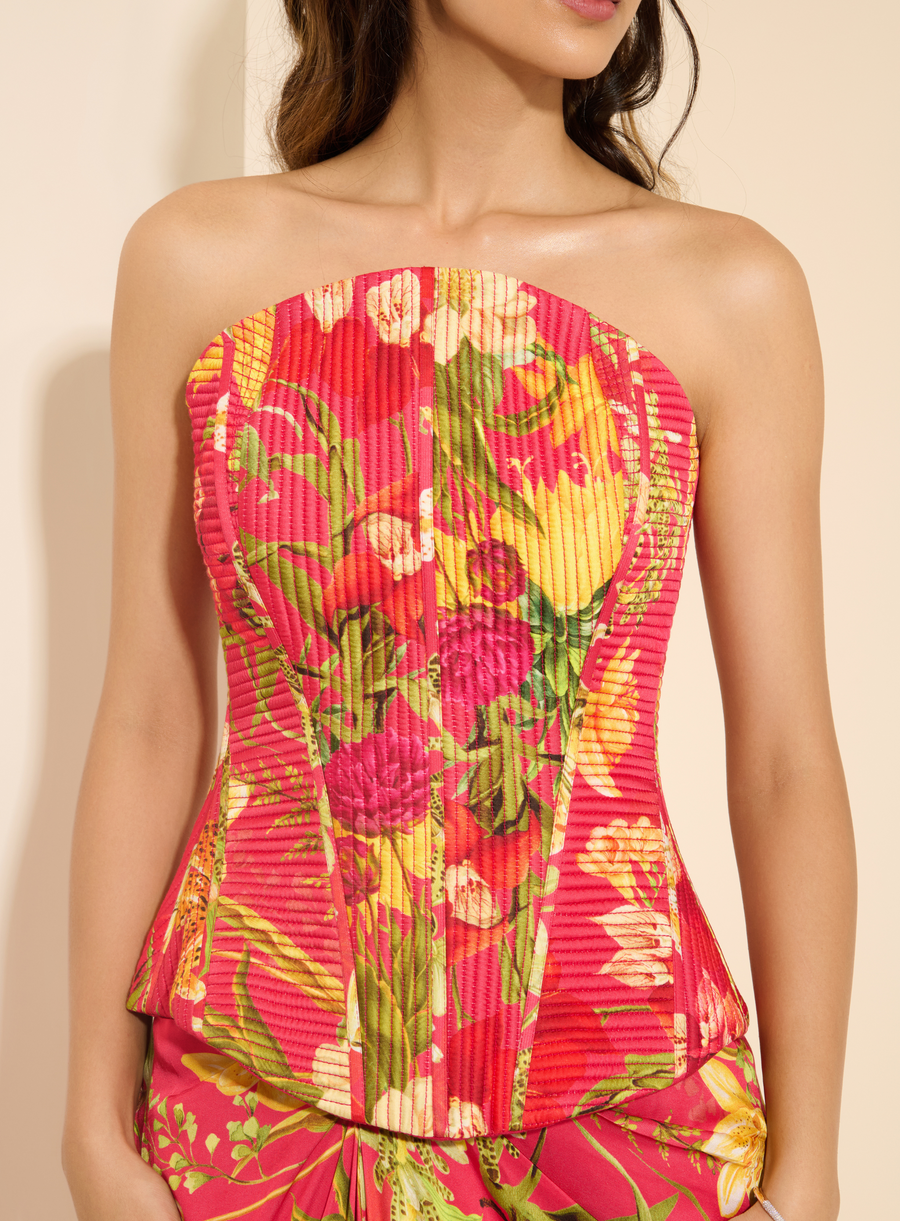 Close-up of the red floral-print quilted strapless corset