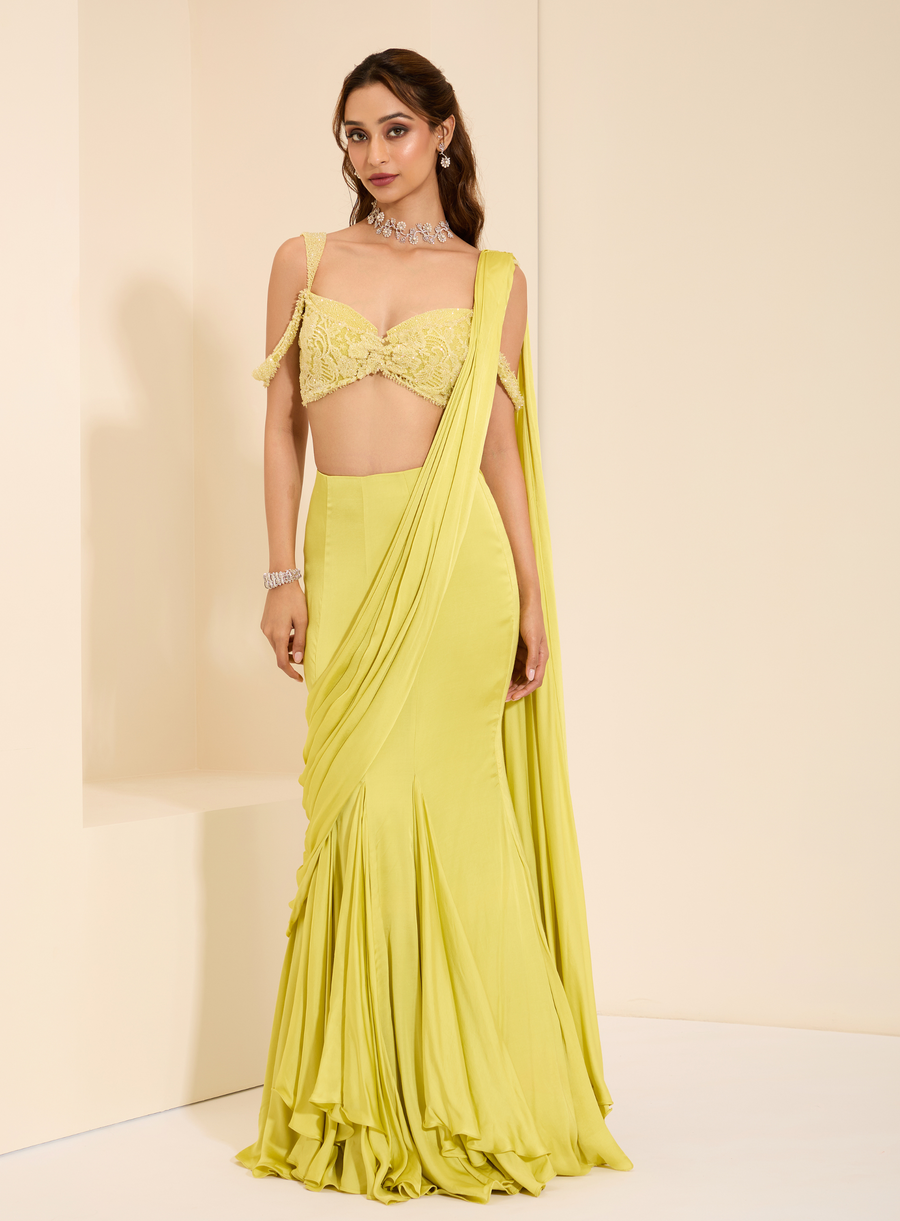 Lime yellow Chantilly lace embroidered bustier with drape saree