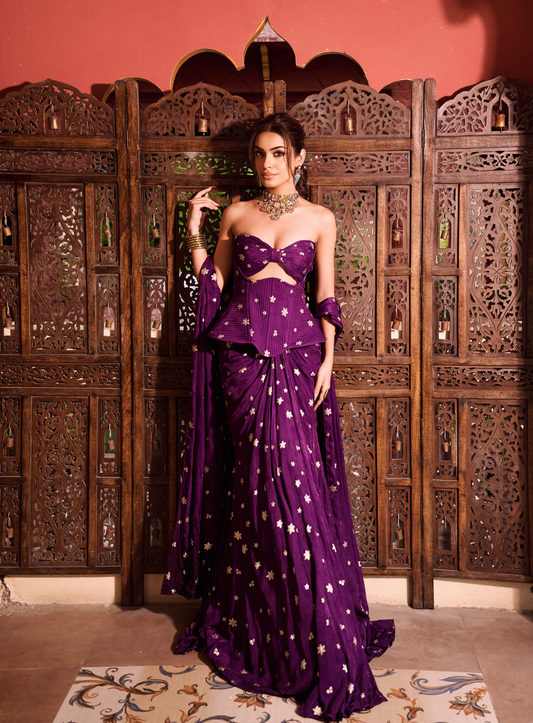 Deep Purple cutout corset with pre stitched drape