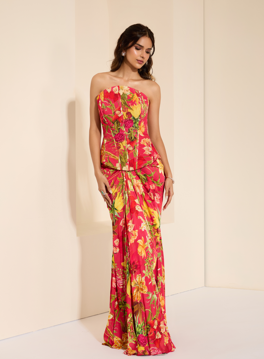 Bold red corset drape with contemporary floral print