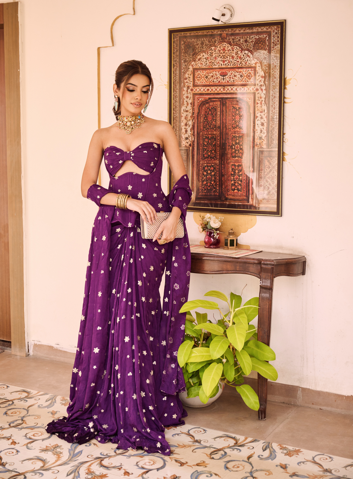 Deep Purple cutout corset with pre stitched drape