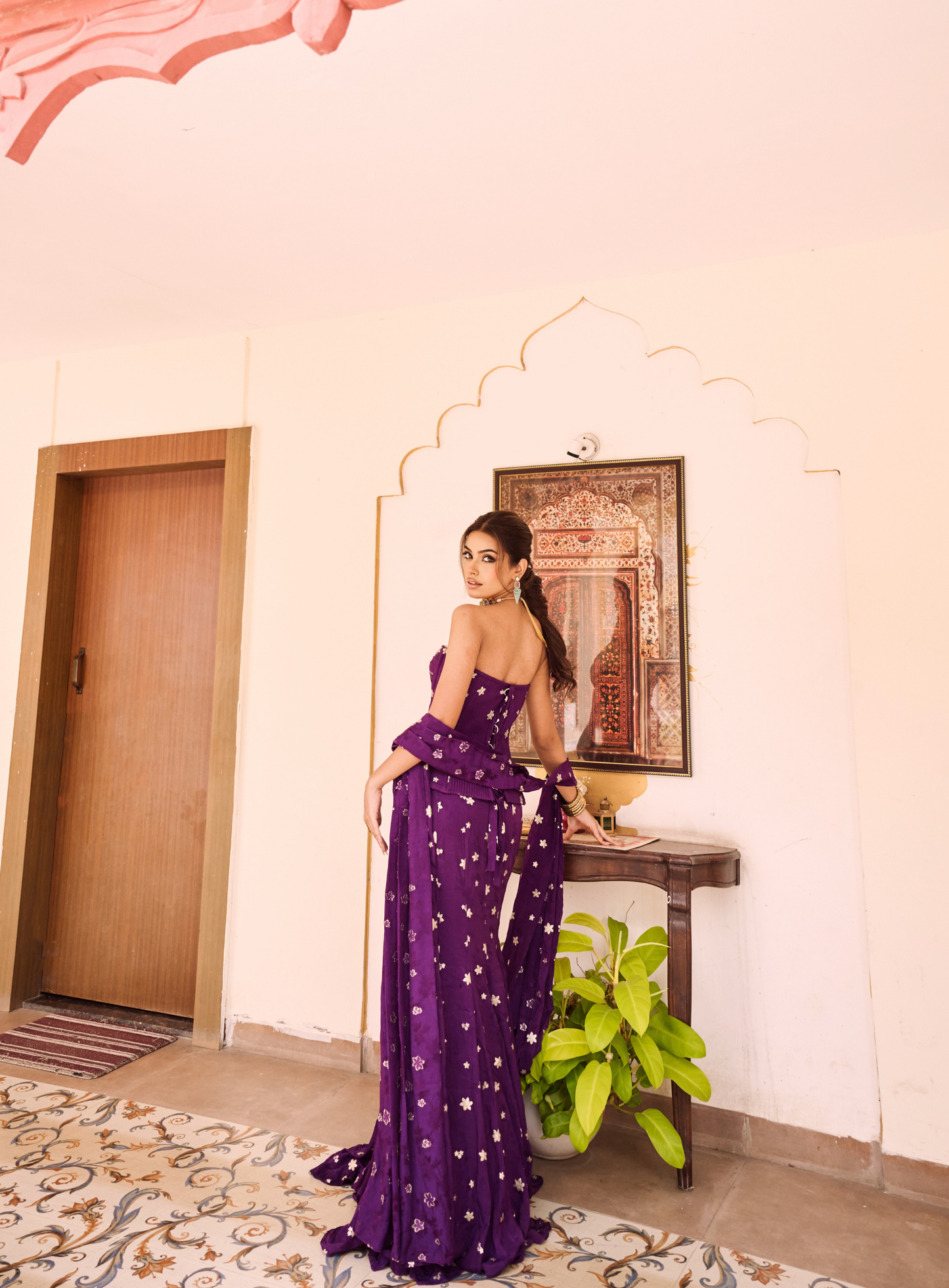 Deep Purple cutout corset with pre stitched drape