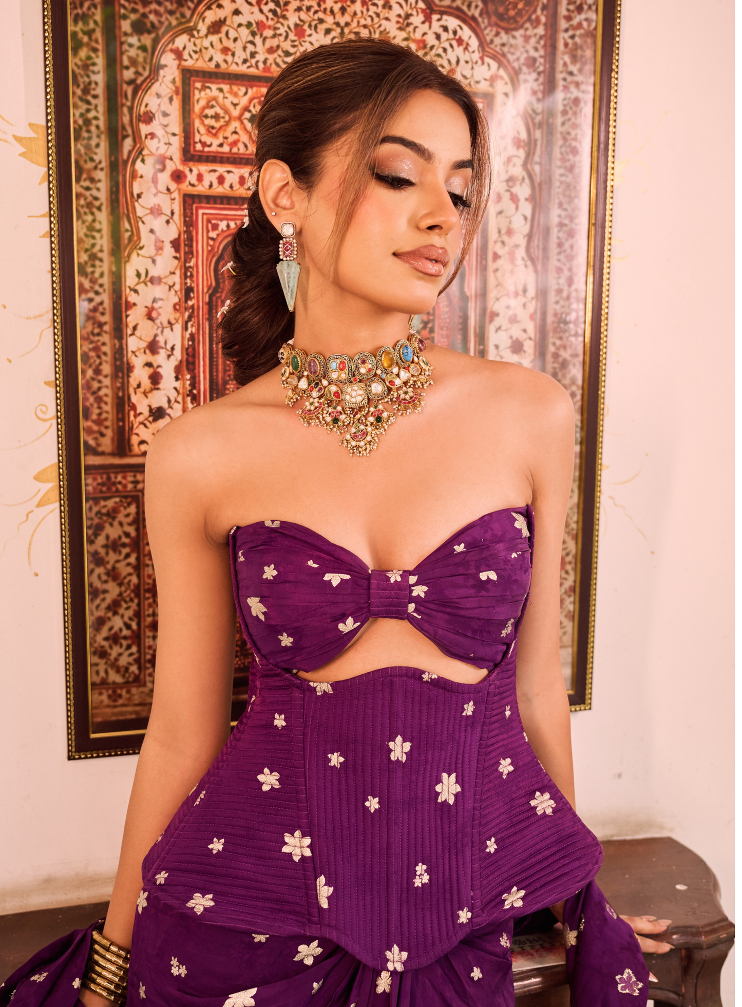 Deep Purple cutout corset with pre stitched drape