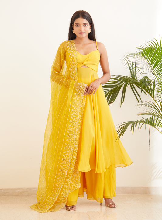 Mustard Yellow Anarkali With Hand Embroidered Dupatta