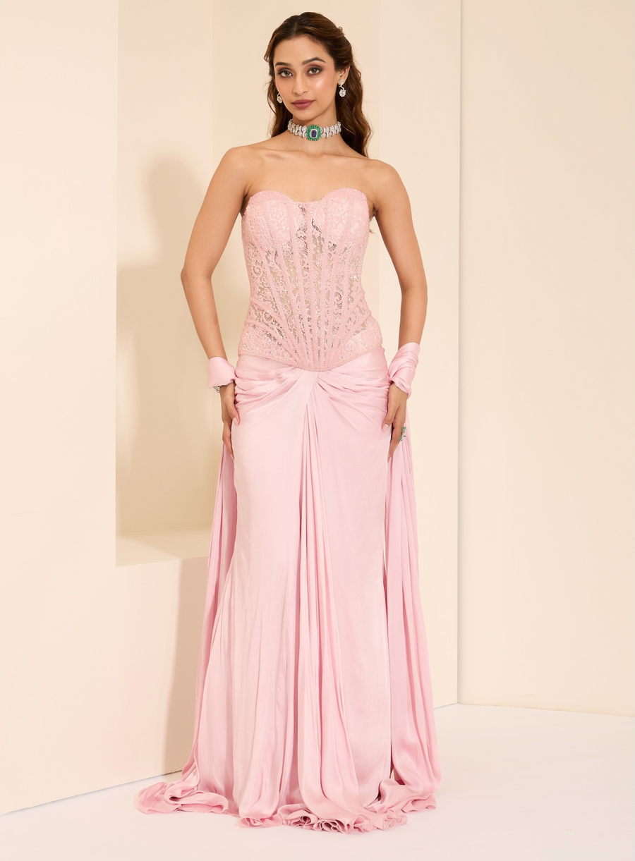 Baby pink Chantilly lace corset with drape skirt and stole