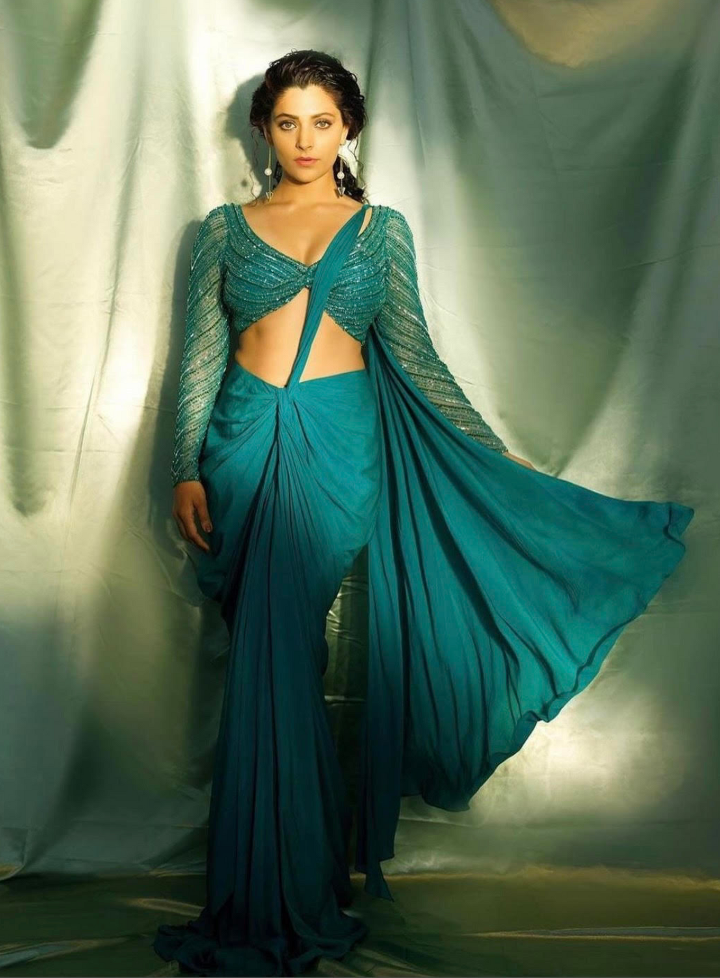 Saiyami and Nicole Concessao in our Embellished Teal Drape Saree