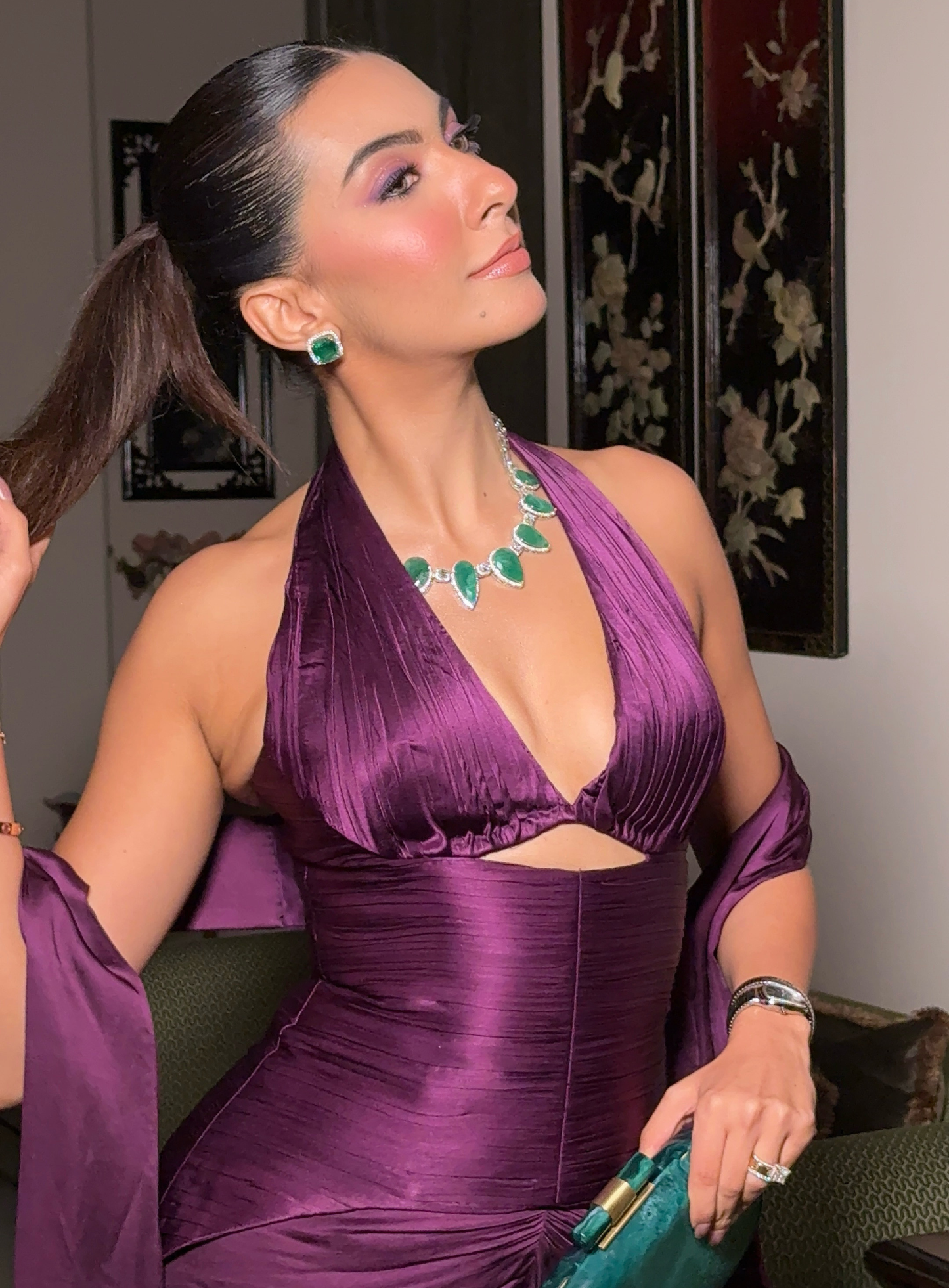 Plum Pleated Structured Corset paired with flowy drape skirt & stole