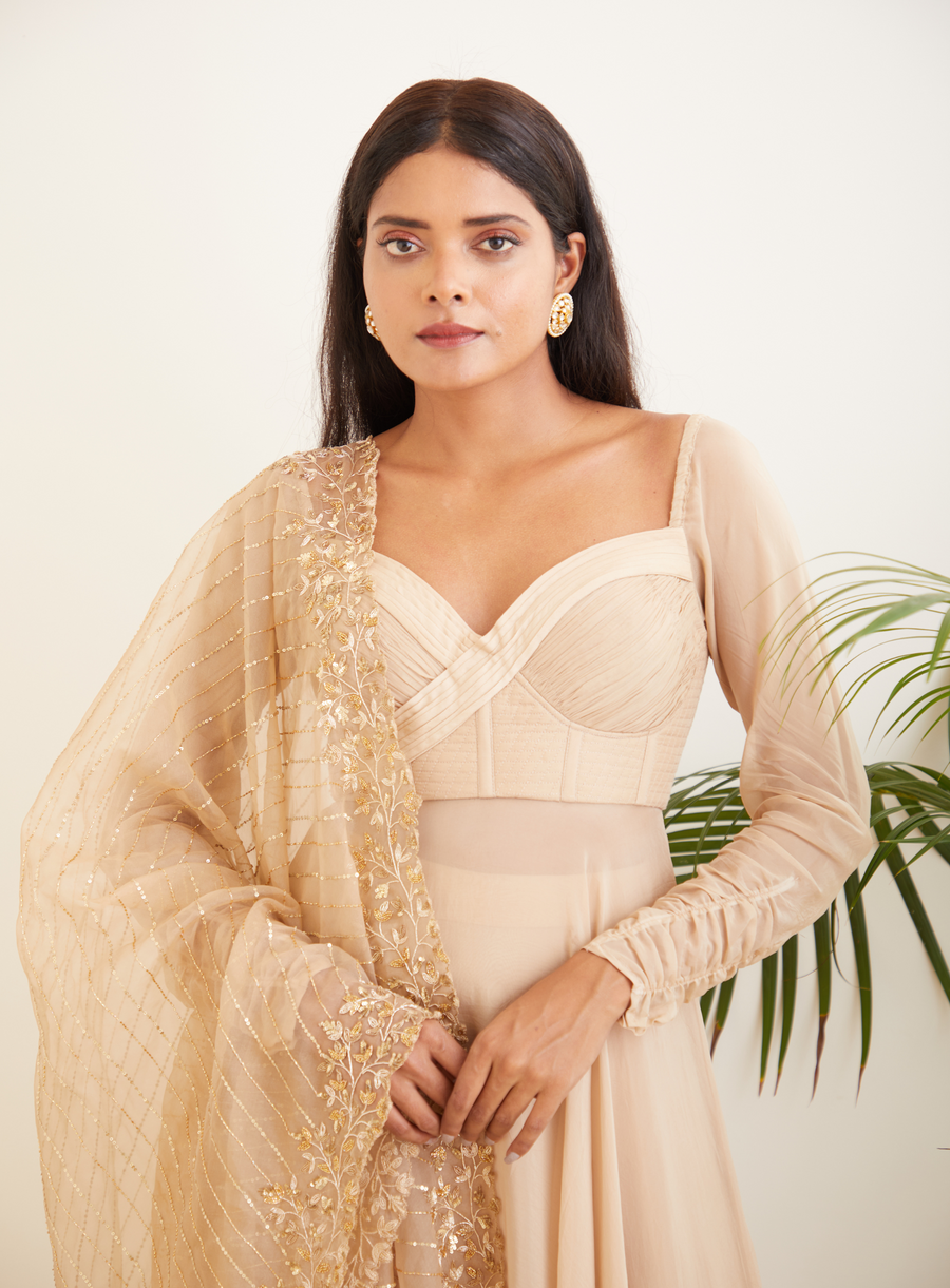 Close-up of the beige Anarkali's corset bodice with zardozi-bordered dupatta